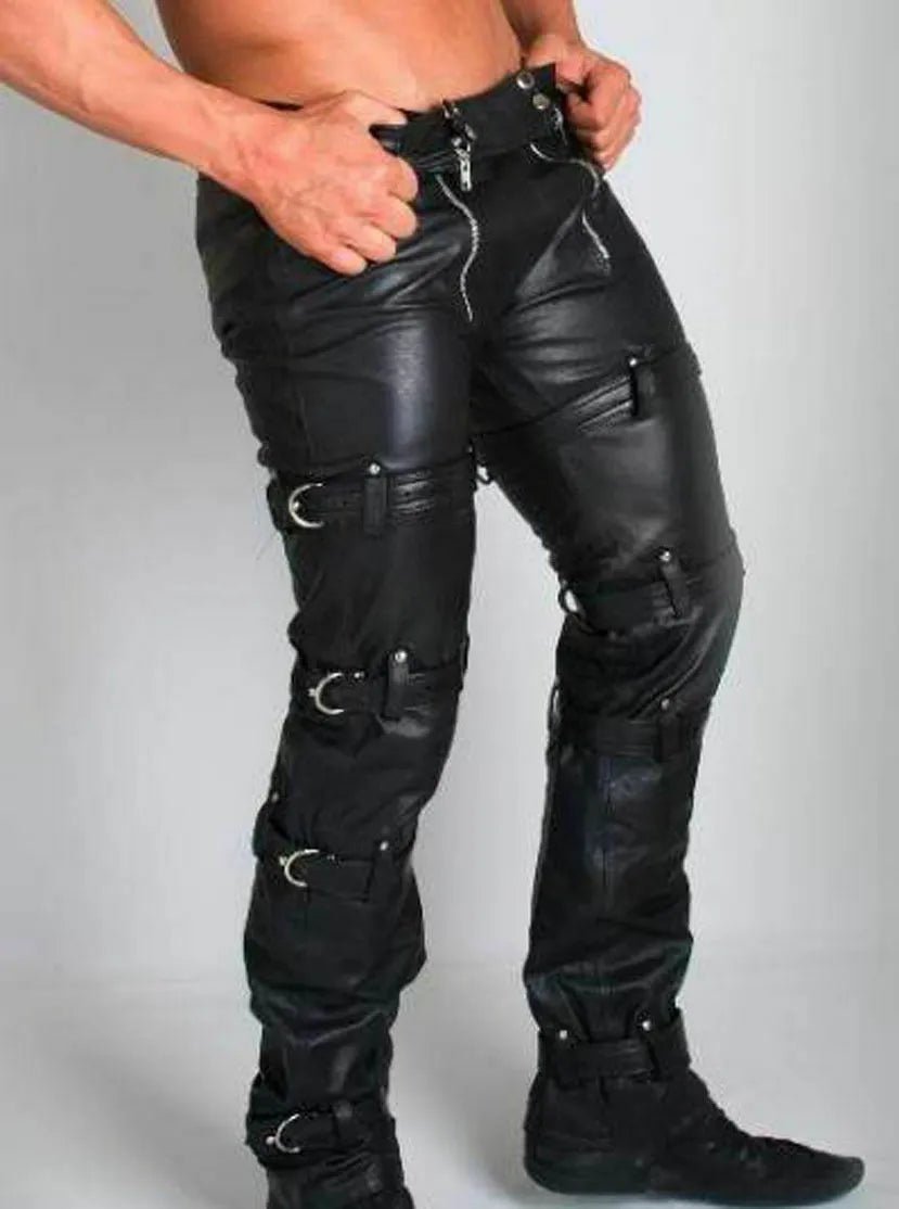 Men's Bondage Leather Pants with Zipper and Buckle