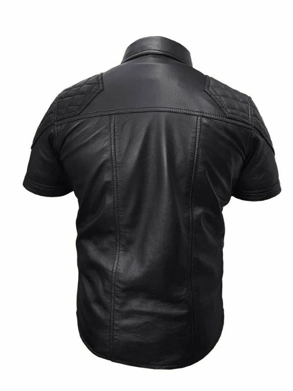 Men's Genuine Quilted Black Leather Shirt with Short Sleeve Shirt