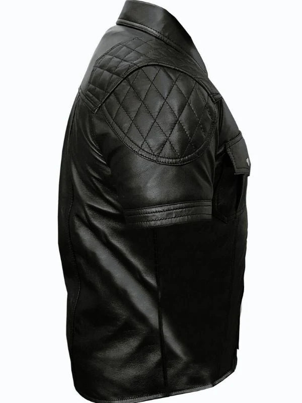 Men's Genuine Quilted Black Leather Shirt with Short Sleeve Shirt