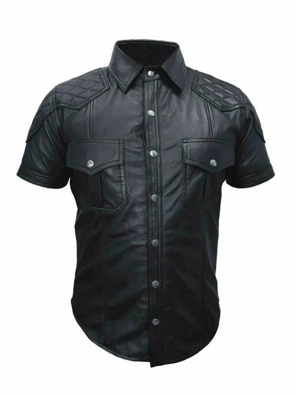 Men's Genuine Quilted Black Leather Shirt with Short Sleeve Shirt