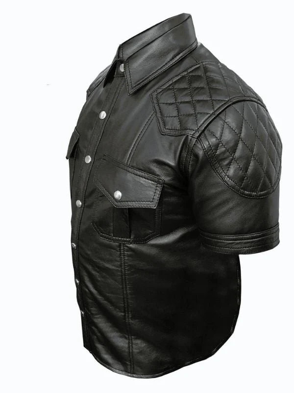 Men's Genuine Quilted Black Leather Shirt with Short Sleeve Shirt