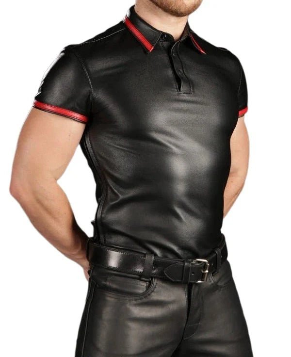 Mens Leather Polo Shirt with Red Trim - Sexy & Stylish Fit