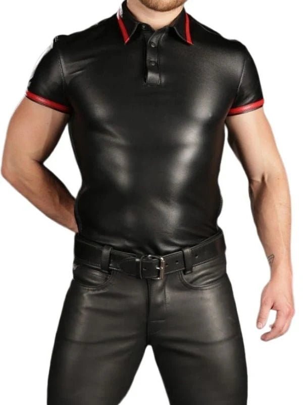 Mens Leather Polo Shirt with Red Trim - Sexy & Stylish Fit
