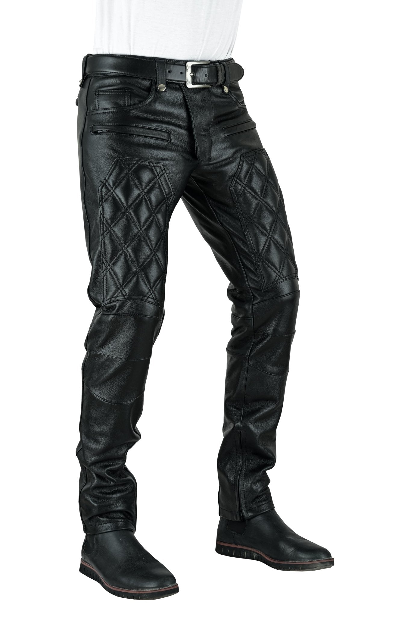 Men’s Quilted Black Leather Cargo Pants – Premium Biker Style