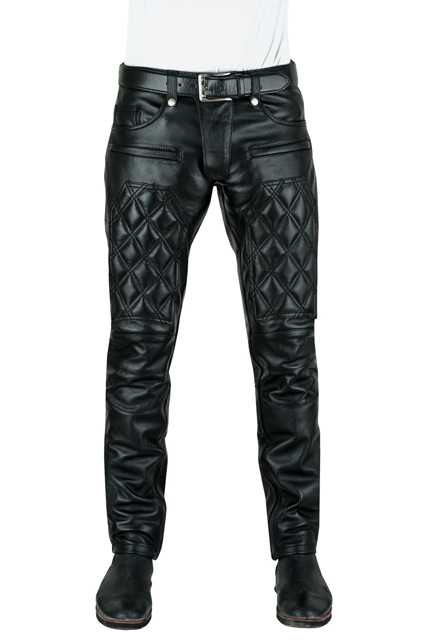 Men’s Quilted Black Leather Cargo Pants – Premium Biker Style