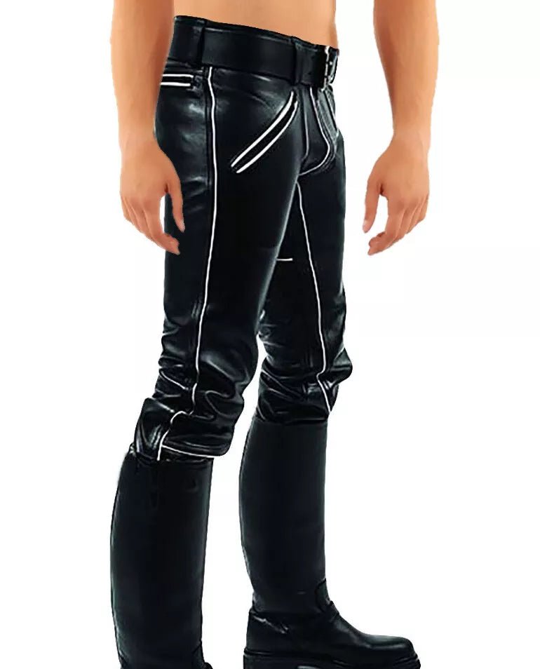 Men's Real Leather Pants With White Piping