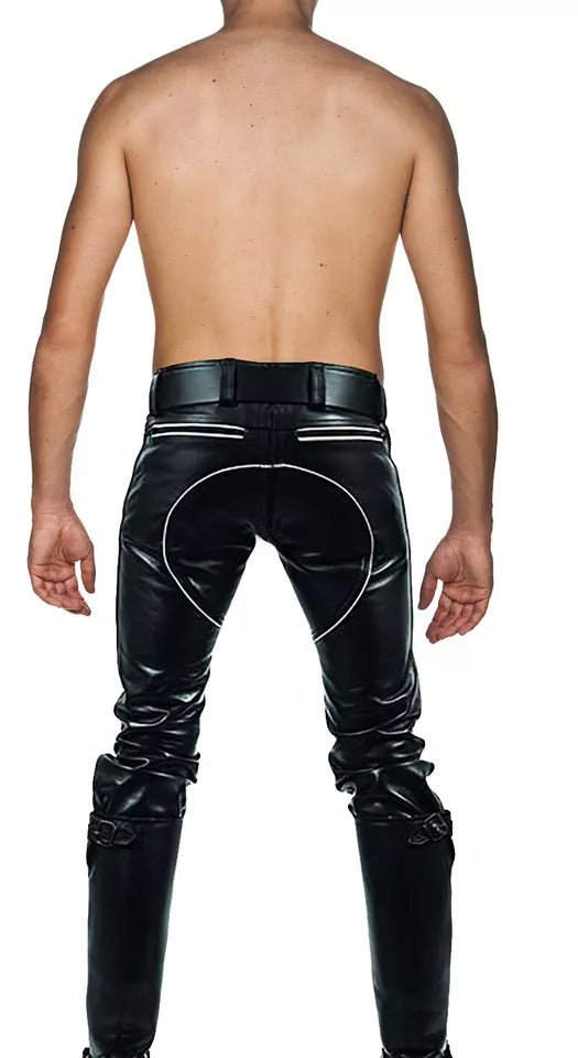 Men's Real Leather Pants With White Piping