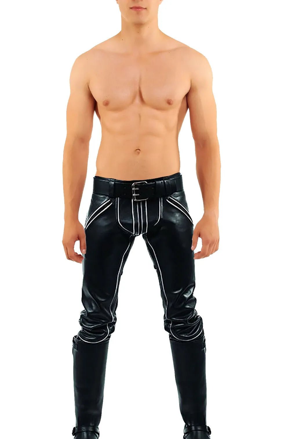 Men's Real Leather Pants With White Piping