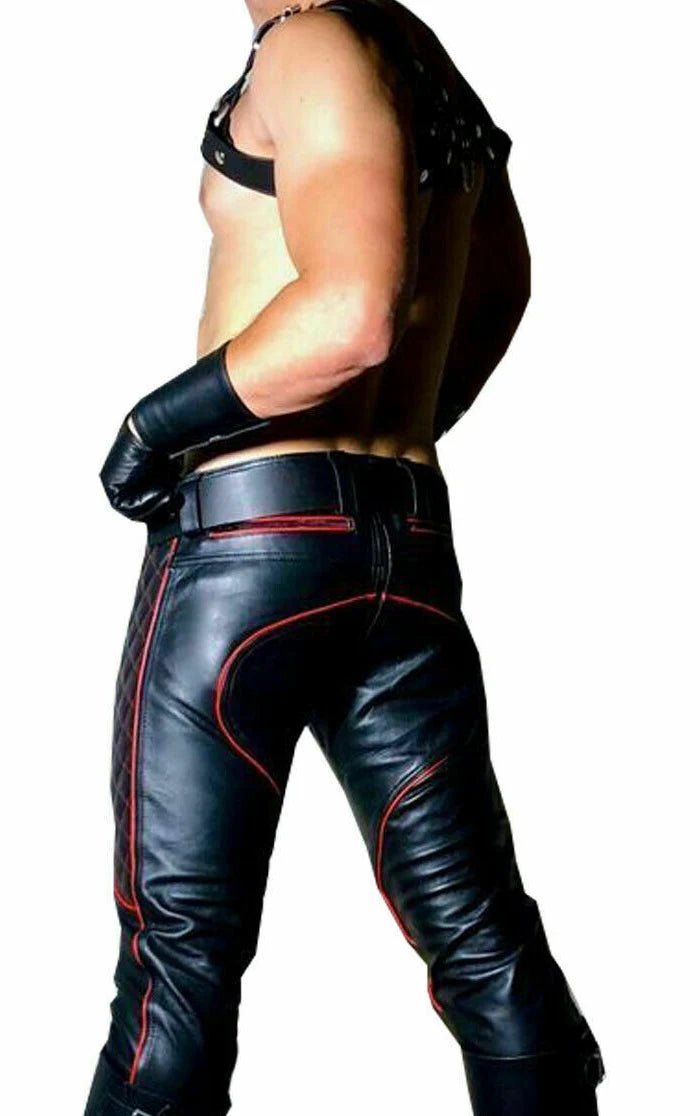 Men's Real Leather Quilted Pants – Black with Red Accents - The Leather Men