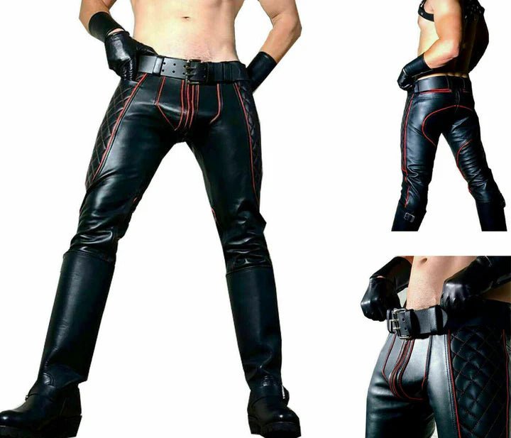 Men's Real Leather Quilted Pants – Black with Red Accents - The Leather Men