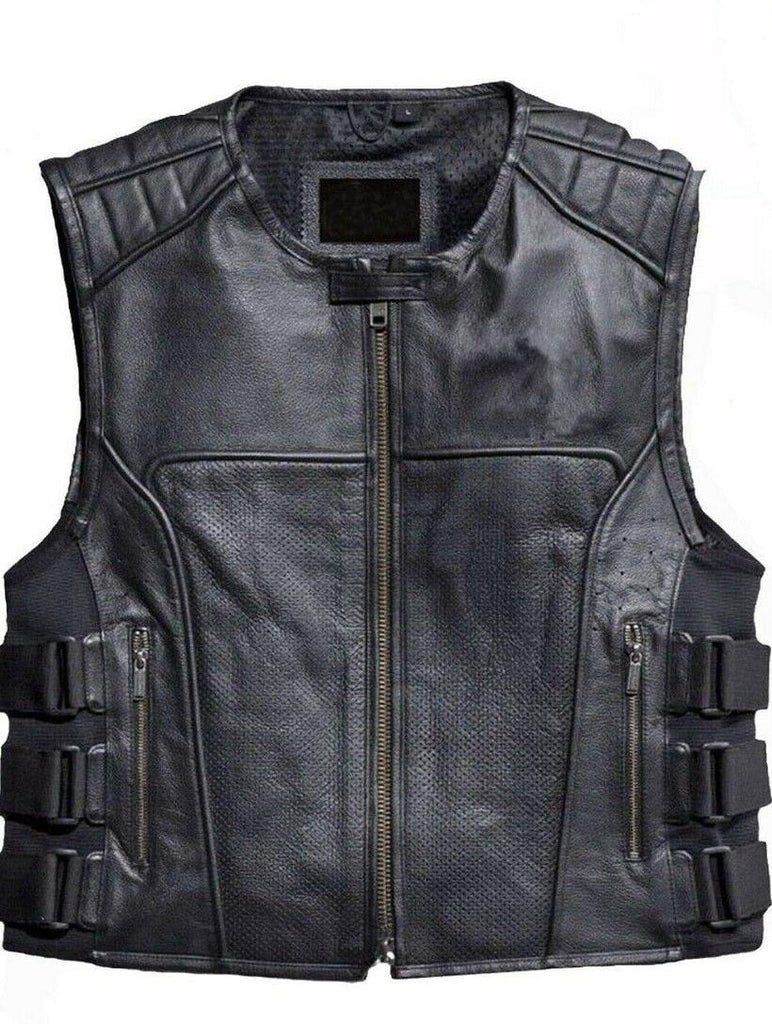 Men's Swat Style Black Mens Leather Biker Vest