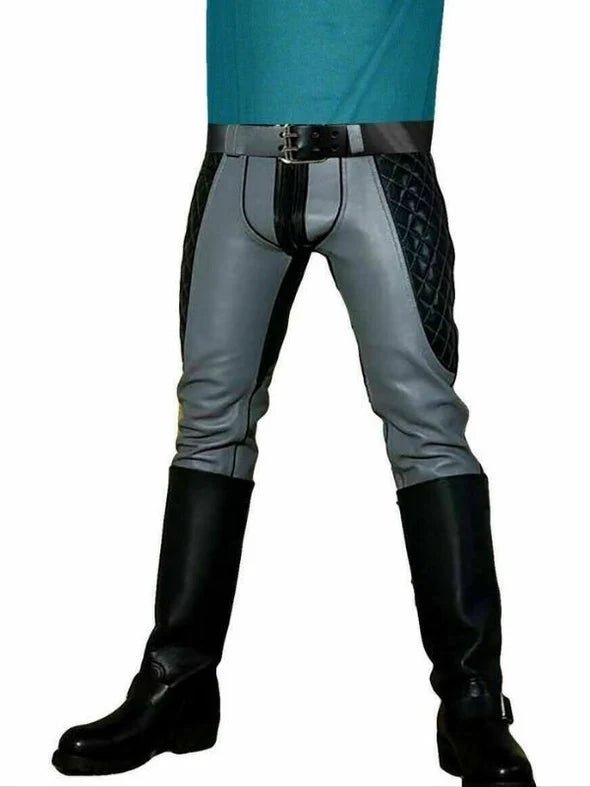 Real Leather Quilted Pants with Belt and Zipper Front – Gray & Black
