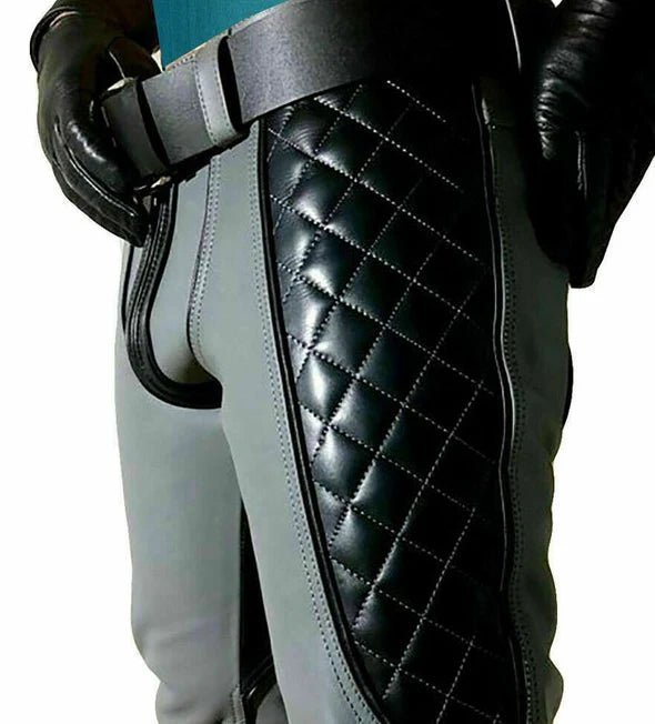 Real Leather Quilted Pants with Belt and Zipper Front – Gray & Black
