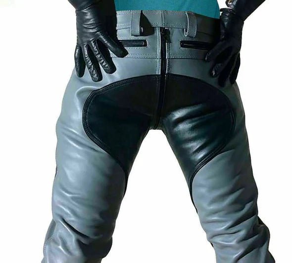 Real Leather Quilted Pants with Belt and Zipper Front – Gray & Black