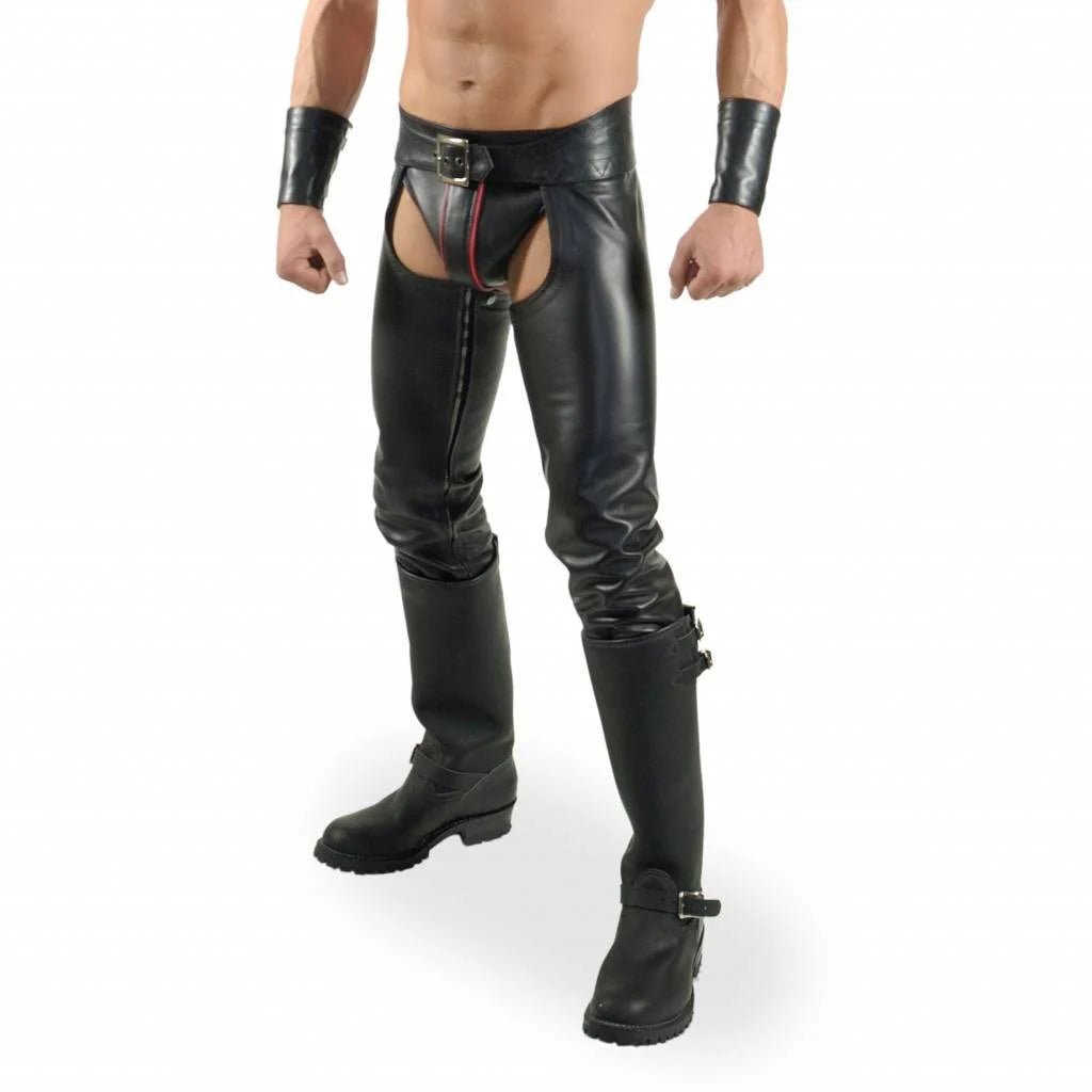 Sexy Black Leather Chaps with Codpiece & Buckle Details - The Leather Men